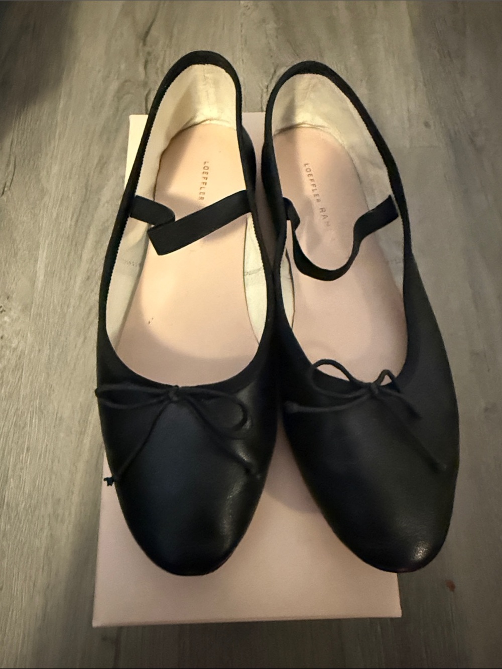 Loeffler Randall Leonie Black Leather Ballet Flats with Bow and Strap
